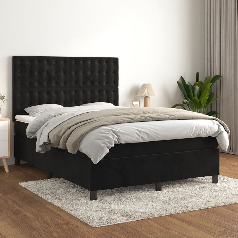 Boxspring Met Matras Fluweel Zwart 140 x 200 cm Knopen