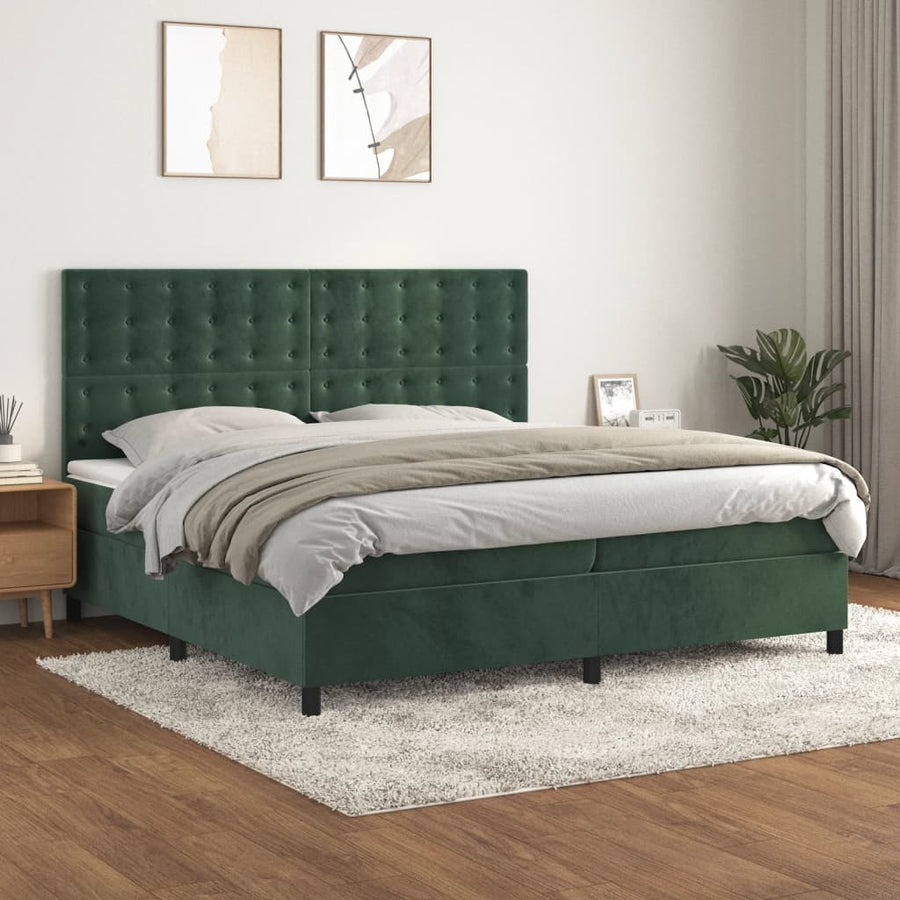 Boxspring Met Matras Fluweel Donkergroen 200X200 Cm Donkergroen 200 x 200 cm Knopen