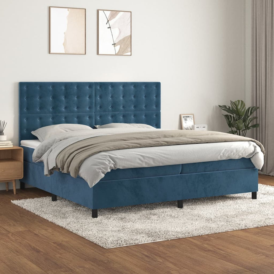 Boxspring Met Matras Fluweel Donkerblauw 200X200 Cm Donkerblauw 200 x 200 cm Knopen
