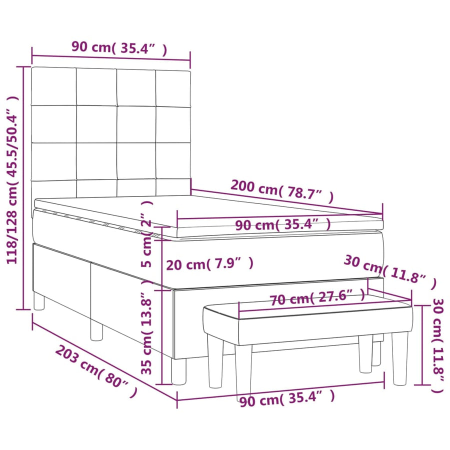 Boxspring Met Matras Stof Donkerbruin 90 x 200 cm Blok met vierkanten