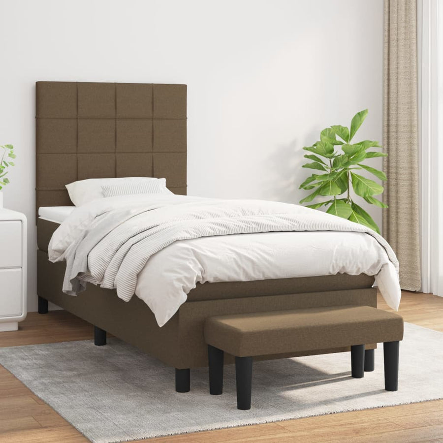 Boxspring Met Matras Stof Donkerbruin 90 x 200 cm Blok met vierkanten