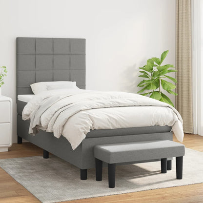 Boxspring Met Matras Stof Donkergrijs 100 x 200 cm Blok met vierkanten
