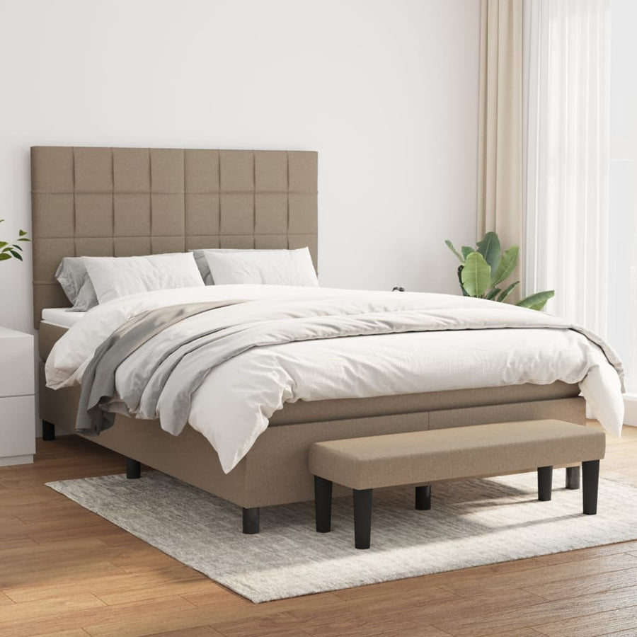 Boxspring Met Matras Stof Taupe 140 x 200 cm Blok met vierkanten