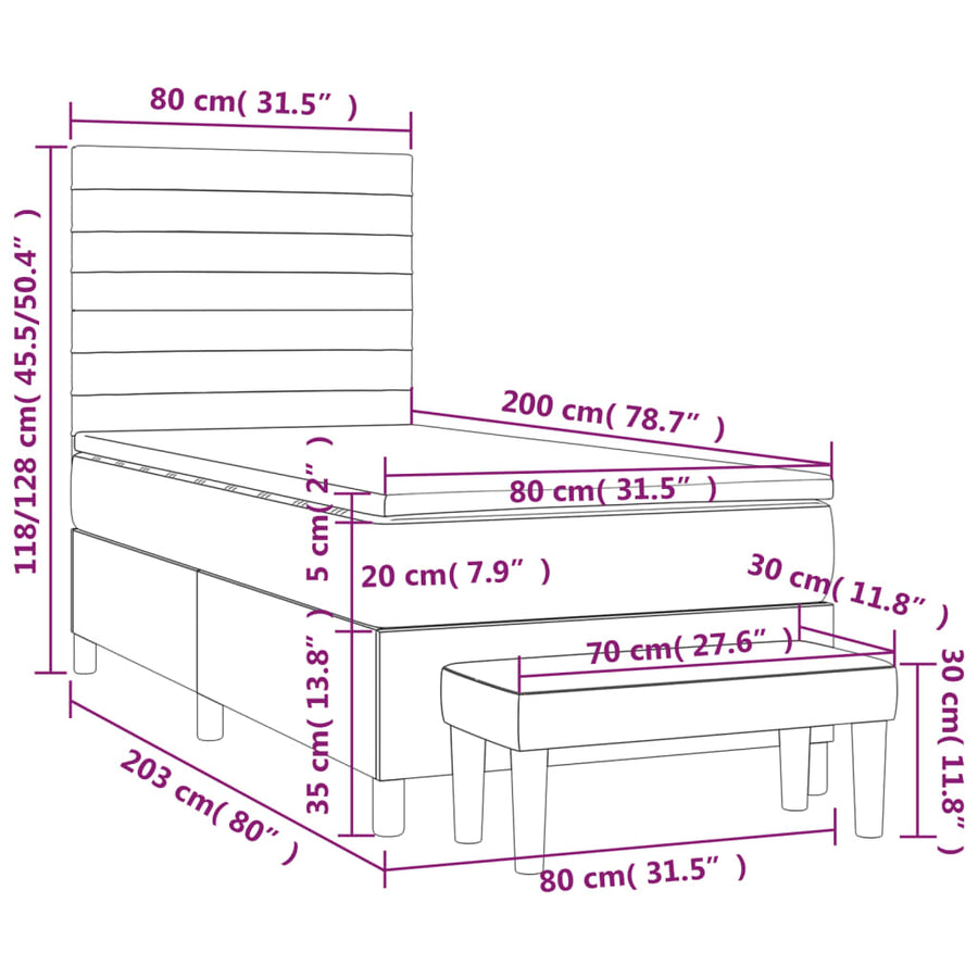 Boxspring met matras stof donkerbruin 80x200 cm 80 x 200 cm Horizontale strepen