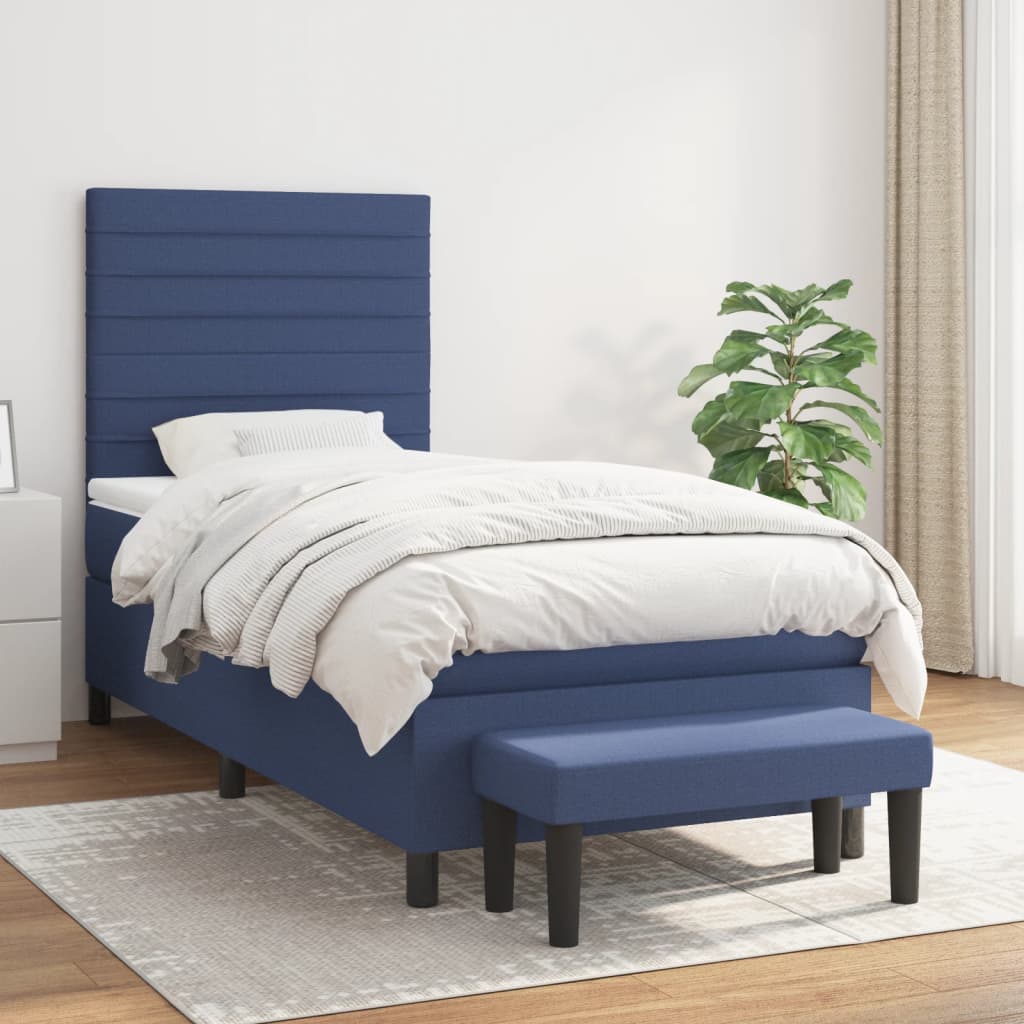 Boxspring Met Matras Stof Blauw 90X190 Cm Blauw 90 x 190 cm Horizontale strepen