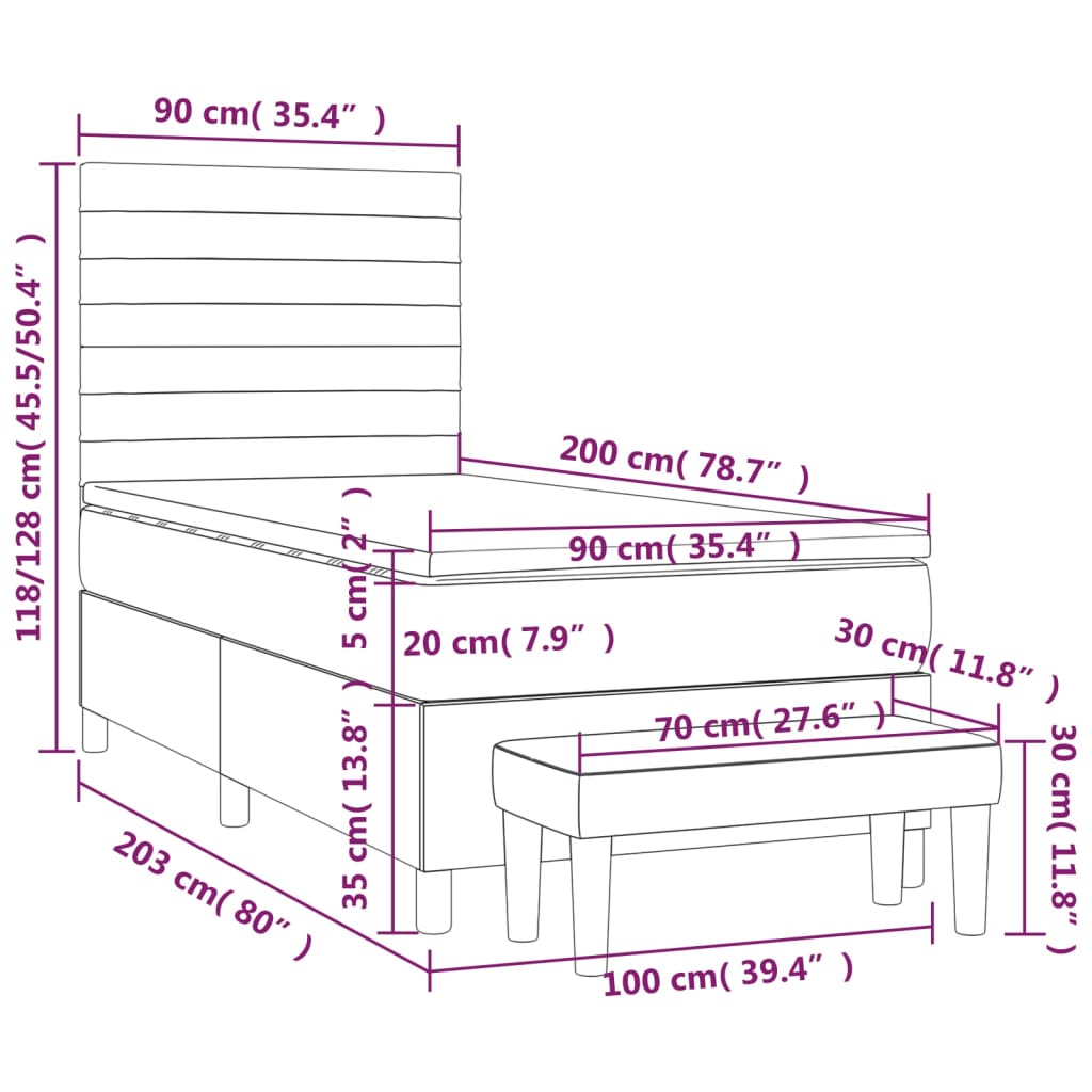 Boxspring Met Matras Stof Lichtgrijs 90 x 200 cm Horizontale strepen