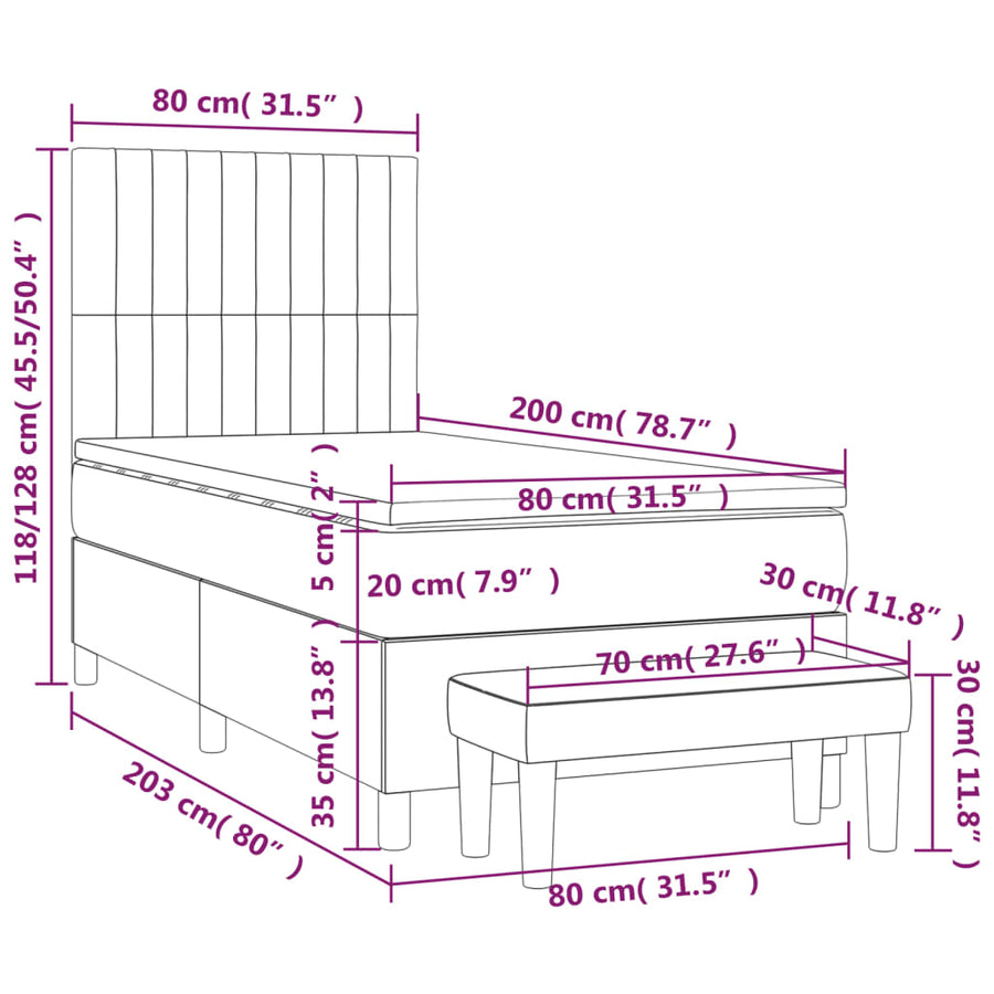 Boxspring Met Matras Stof Zwart 80 x 200 cm Verticale strepen