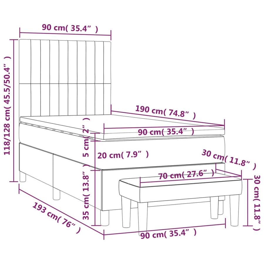 Boxspring Met Matras Stof Lichtgrijs 90 x 190 cm Verticale strepen