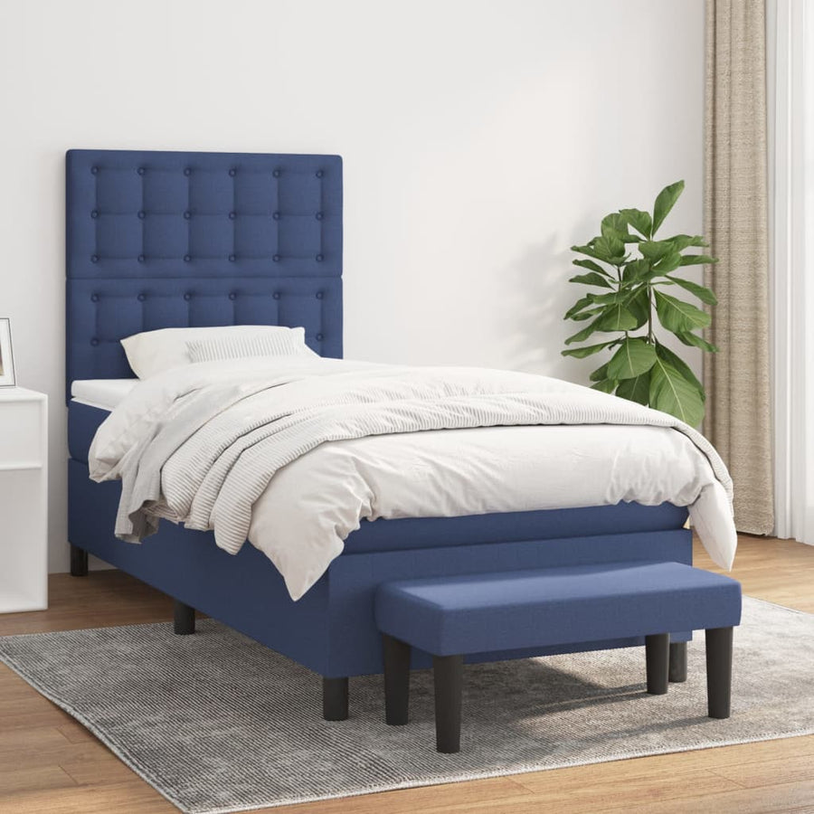 Boxspring Met Matras Stof Blauw 90X200 Cm 90 x 200 cm Knopen