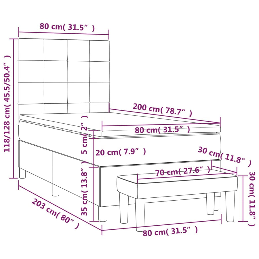 Boxspring Met Matras Stof Lichtgrijs 80 x 200 cm Blok met vierkanten