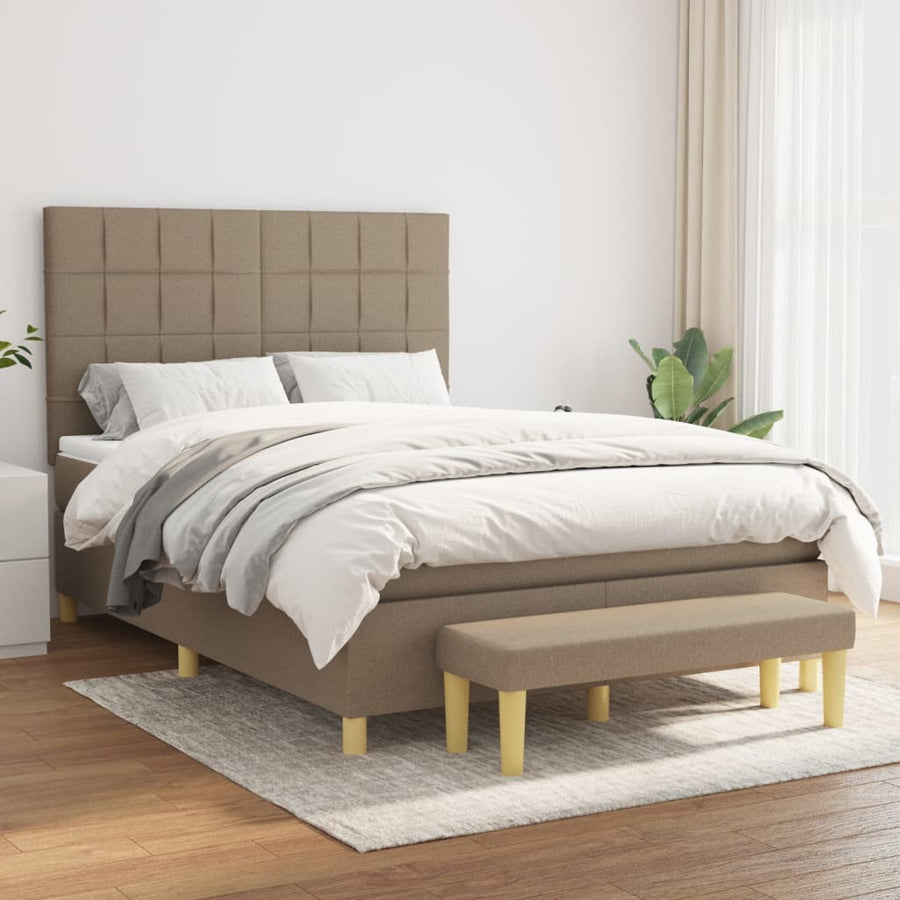 Boxspring Met Matras Stof Taupe 140 x 200 cm Blok met vierkanten