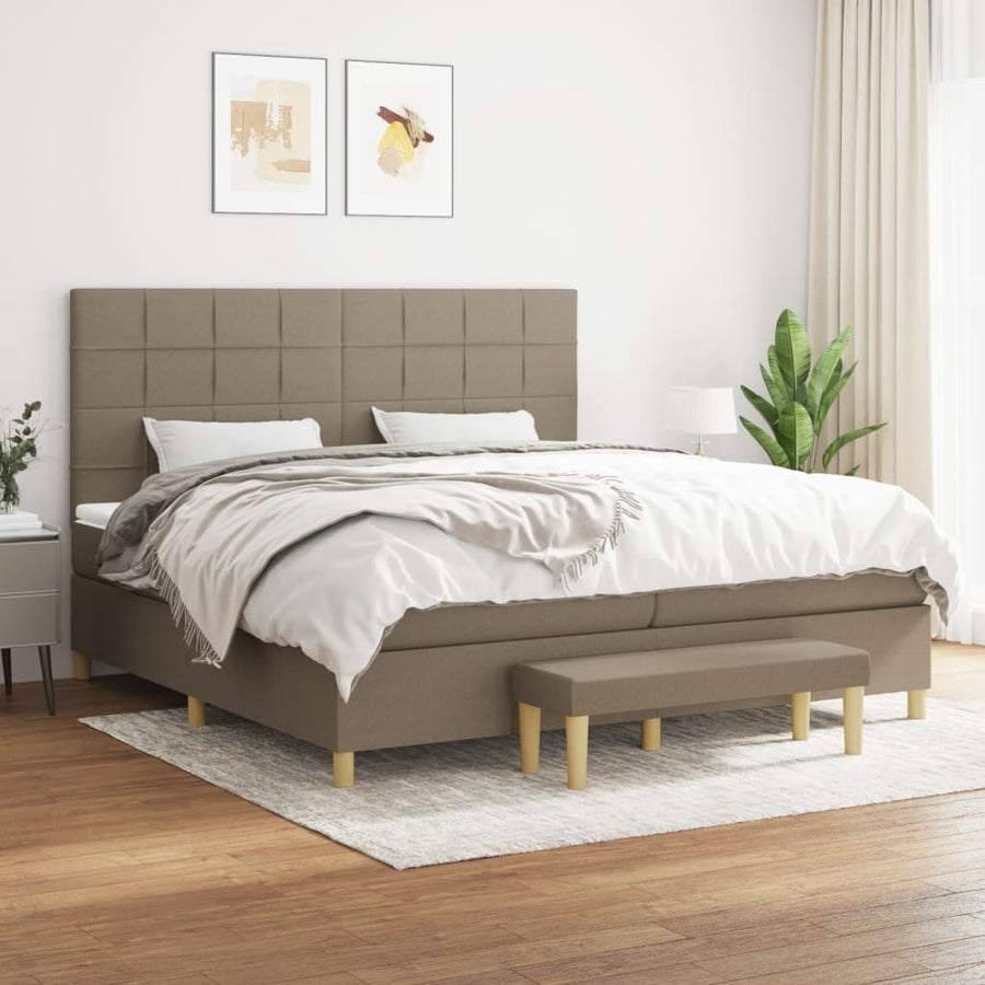 Boxspring Met Matras Stof Taupe 200 x 200 cm Blok met vierkanten