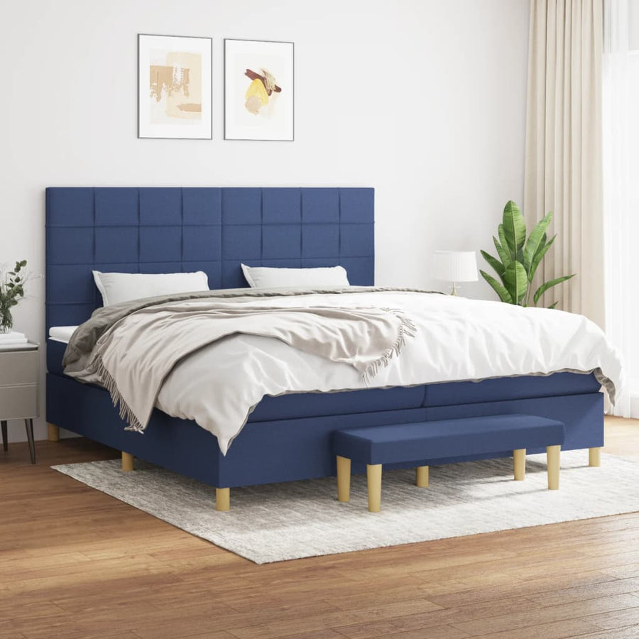 Boxspring Met Matras Stof Blauw 200 x 200 cm Blok met vierkanten