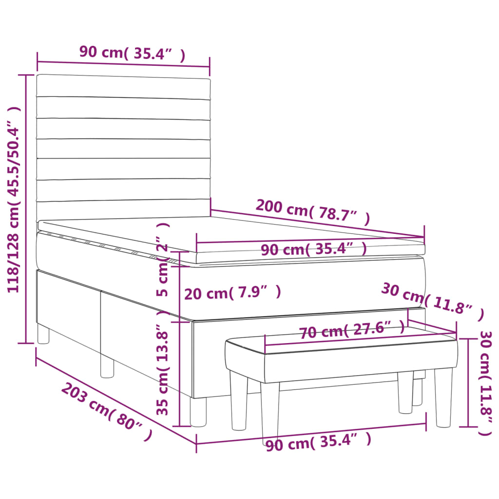 Boxspring Met Matras Stof Lichtgrijs 90 x 200 cm Horizontale strepen
