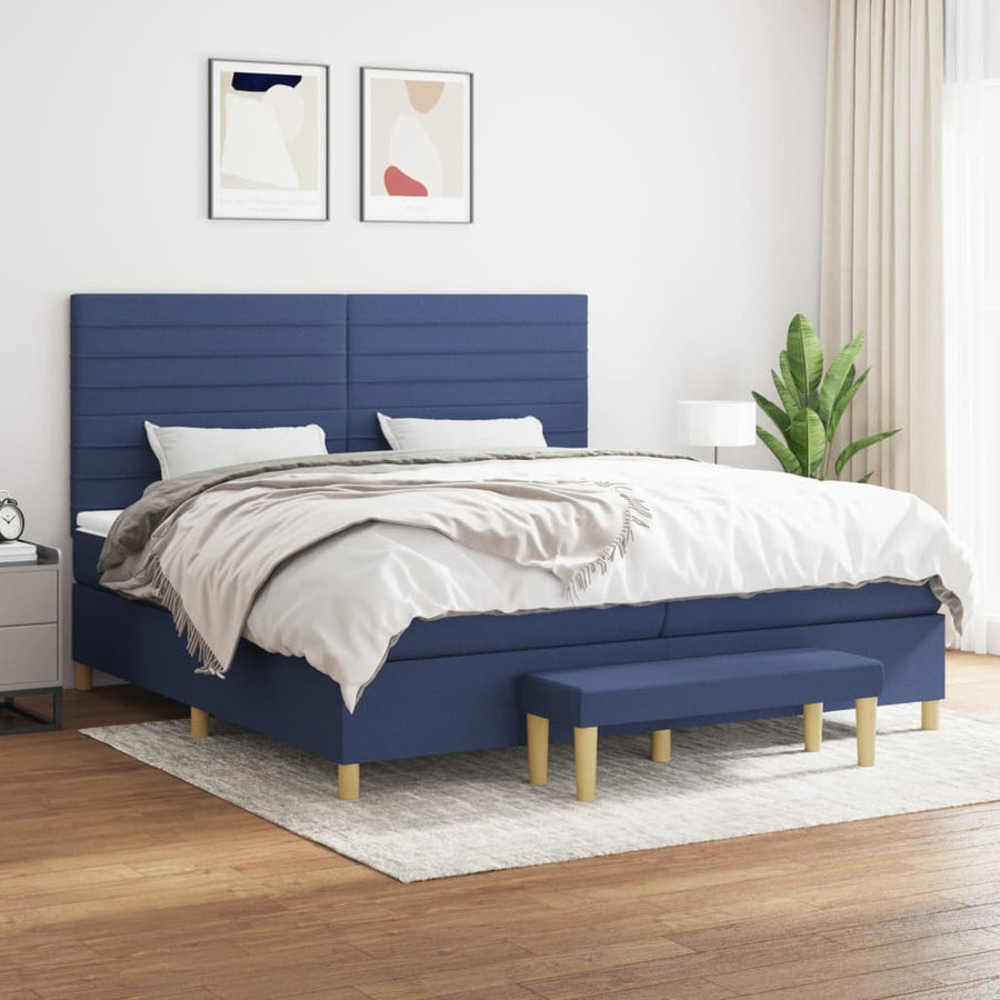 Boxspring Met Matras Stof Blauw 200 x 200 cm Horizontale strepen