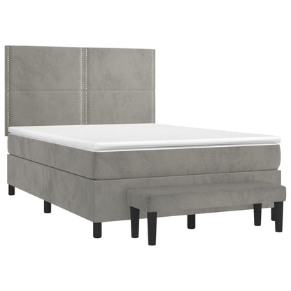 Boxspring Met Matras Fluweel Lichtgrijs 140 x 190 cm Effen met spijkers