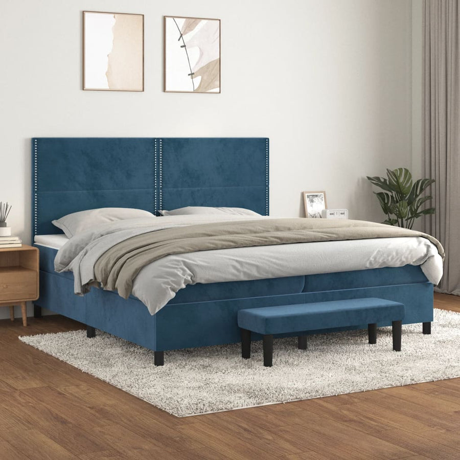 Boxspring Met Matras Fluweel Donkerblauw 200 x 200 cm Effen met spijkers