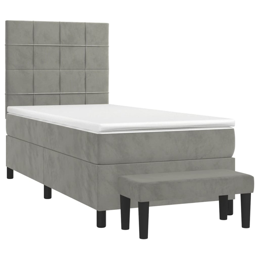 Boxspring Met Matras Fluweel Lichtgrijs 90 x 190 cm Blok met vierkanten