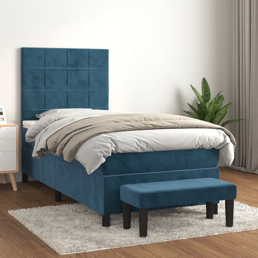 Boxspring Met Matras Fluweel Donkerblauw 90 x 190 cm Blok met vierkanten