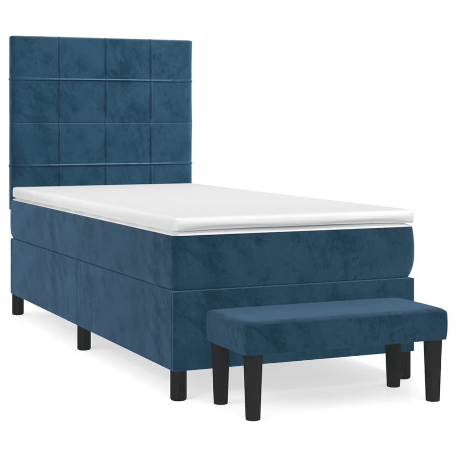 Boxspring Met Matras Fluweel Donkerblauw 90 x 200 cm Blok met vierkanten