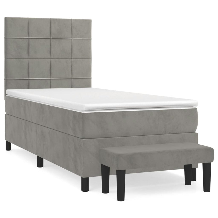 Boxspring Met Matras Fluweel Lichtgrijs 100 x 200 cm Blok met vierkanten