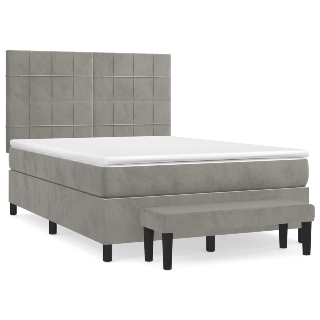 Boxspring Met Matras Fluweel Lichtgrijs 140 x 190 cm Blok met vierkanten