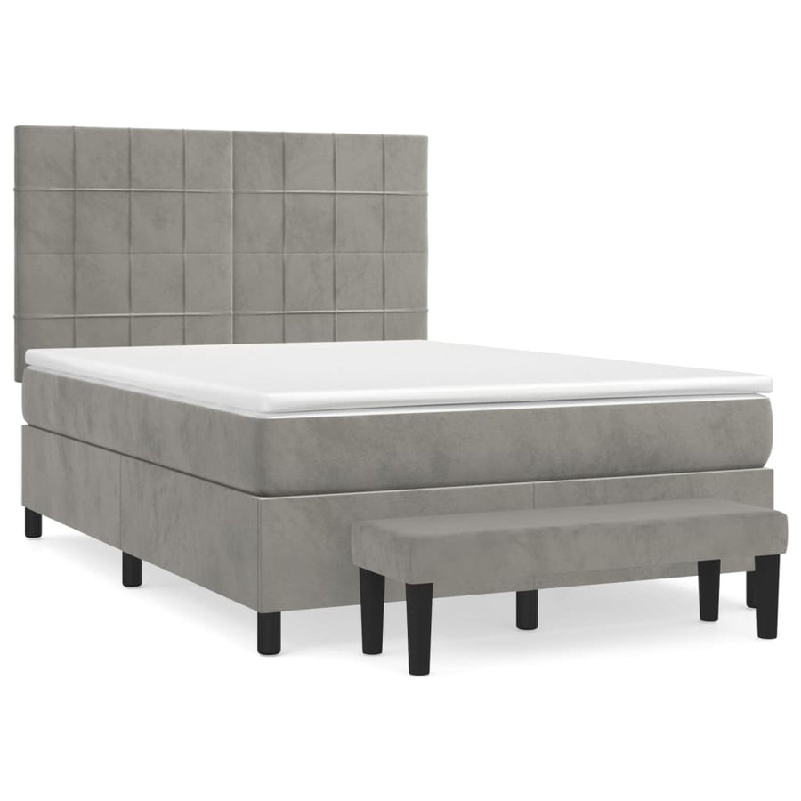 Boxspring Met Matras Fluweel Lichtgrijs 140 x 190 cm Blok met vierkanten