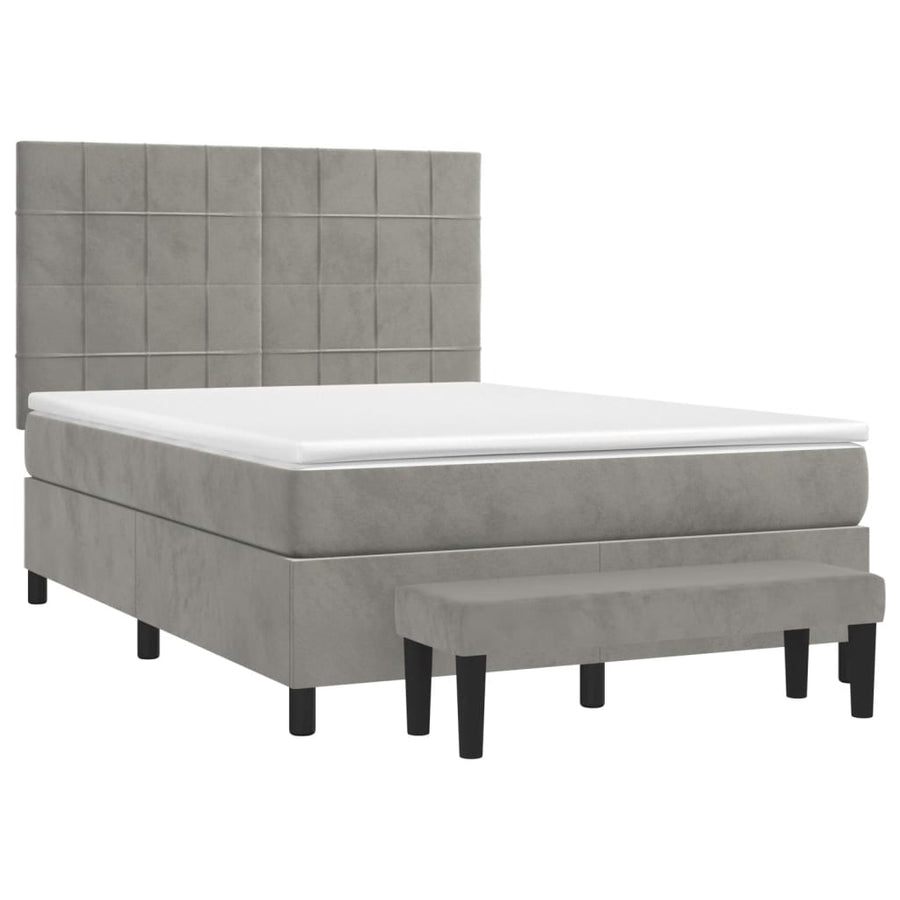 Boxspring Met Matras Fluweel Lichtgrijs 140 x 190 cm Blok met vierkanten