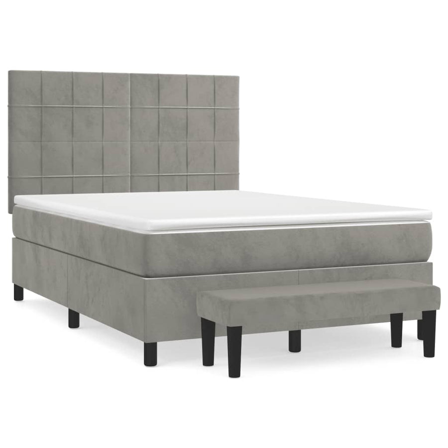Boxspring Met Matras Fluweel Lichtgrijs 140 x 200 cm Blok met vierkanten