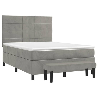 Boxspring Met Matras Fluweel Lichtgrijs 140 x 200 cm Blok met vierkanten