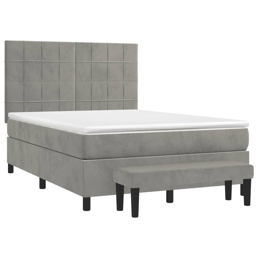 Boxspring Met Matras Fluweel Lichtgrijs 140 x 200 cm Blok met vierkanten