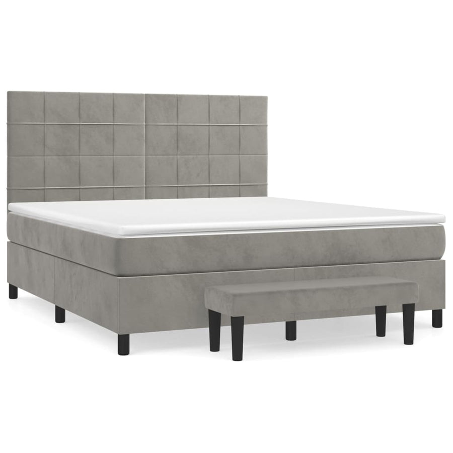 Boxspring Met Matras Fluweel Lichtgrijs 160 x 200 cm Blok met vierkanten