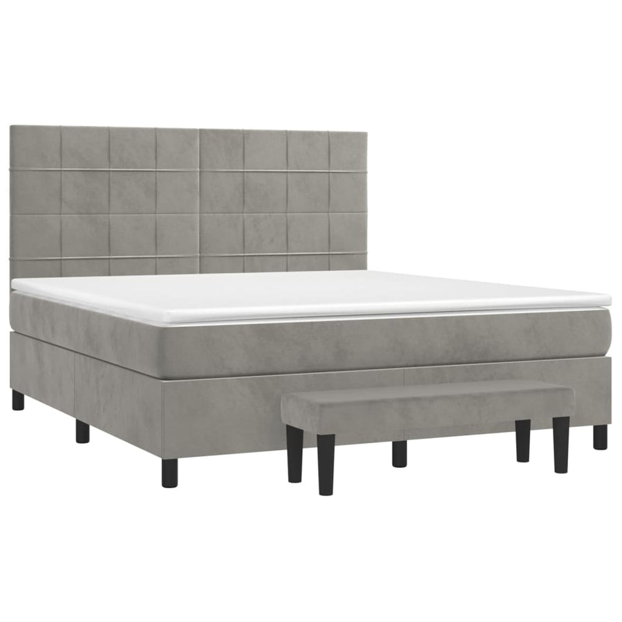 Boxspring Met Matras Fluweel Lichtgrijs 160 x 200 cm Blok met vierkanten