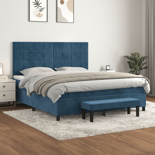 Boxspring Met Matras Fluweel Donkerblauw 160 x 200 cm Blok met vierkanten