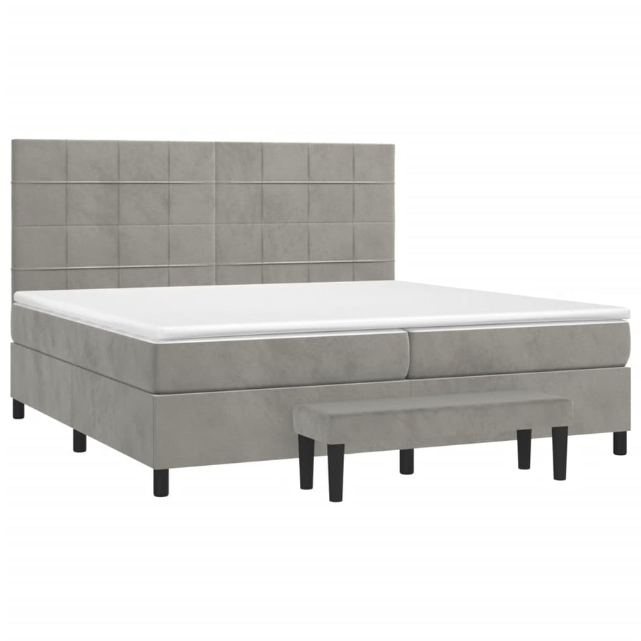 Boxspring Met Matras Fluweel Lichtgrijs 200 x 200 cm Blok met vierkanten
