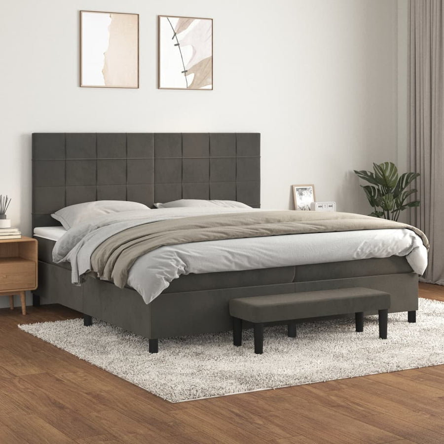 Boxspring Met Matras Fluweel Donkergrijs 200 x 200 cm Blok met vierkanten