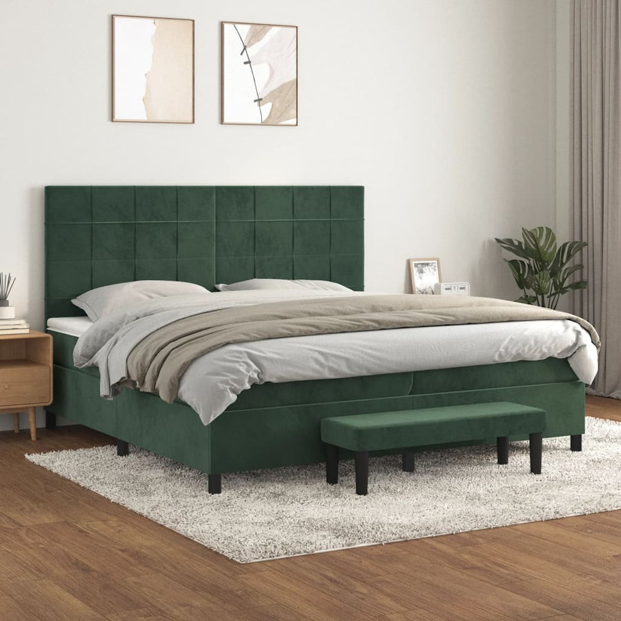 Boxspring Met Matras Fluweel Donkergroen 200 x 200 cm Blok met vierkanten