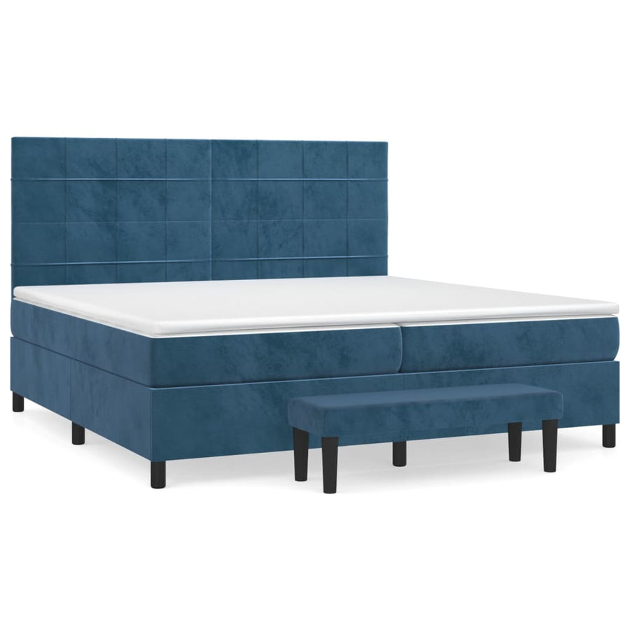 Boxspring Met Matras Fluweel Donkerblauw 200 x 200 cm Blok met vierkanten