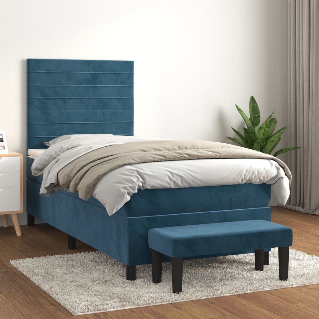 Boxspring Met Matras Fluweel Donkerblauw 90 x 190 cm Horizontale strepen