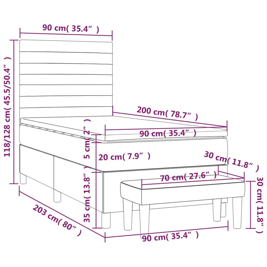 Boxspring Met Matras Fluweel Lichtgrijs 90 x 200 cm Horizontale strepen