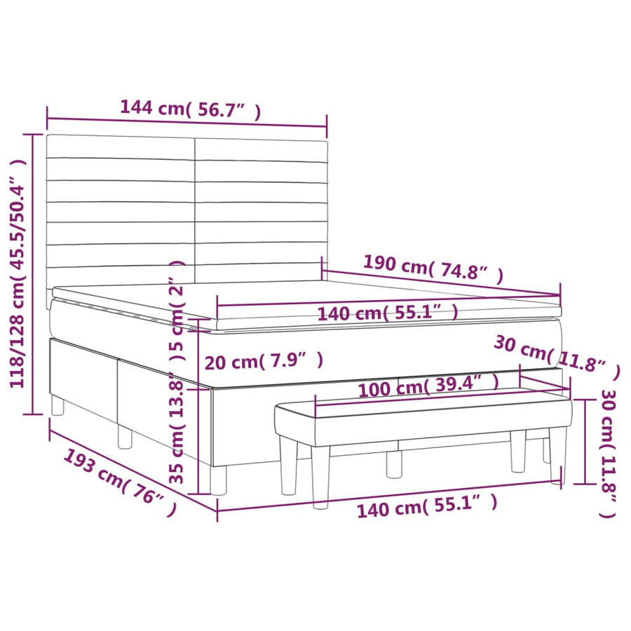 Boxspring Met Matras Fluweel Lichtgrijs 140 x 190 cm Horizontale strepen