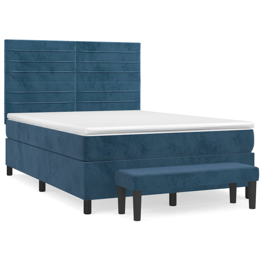 Boxspring Met Matras Fluweel Donkerblauw 140X190 Cm Donkerblauw 140 x 190 cm Horizontale strepen