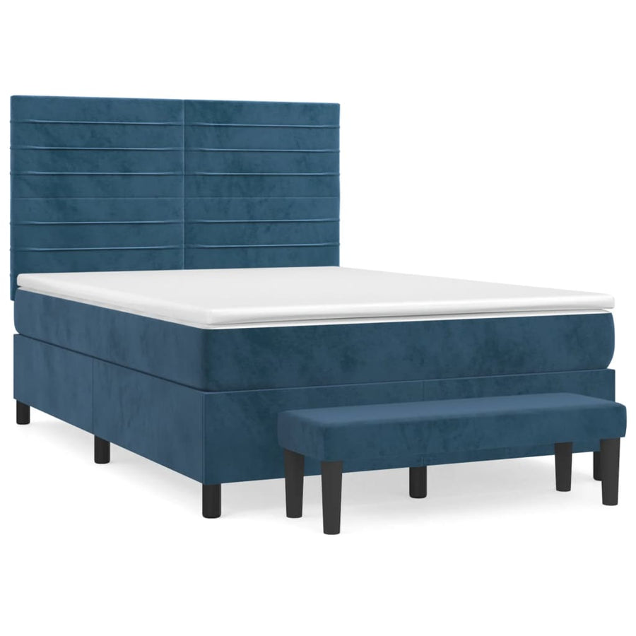Boxspring Met Matras Fluweel Donkerblauw 140X200 Cm Donkerblauw 140 x 200 cm Horizontale strepen