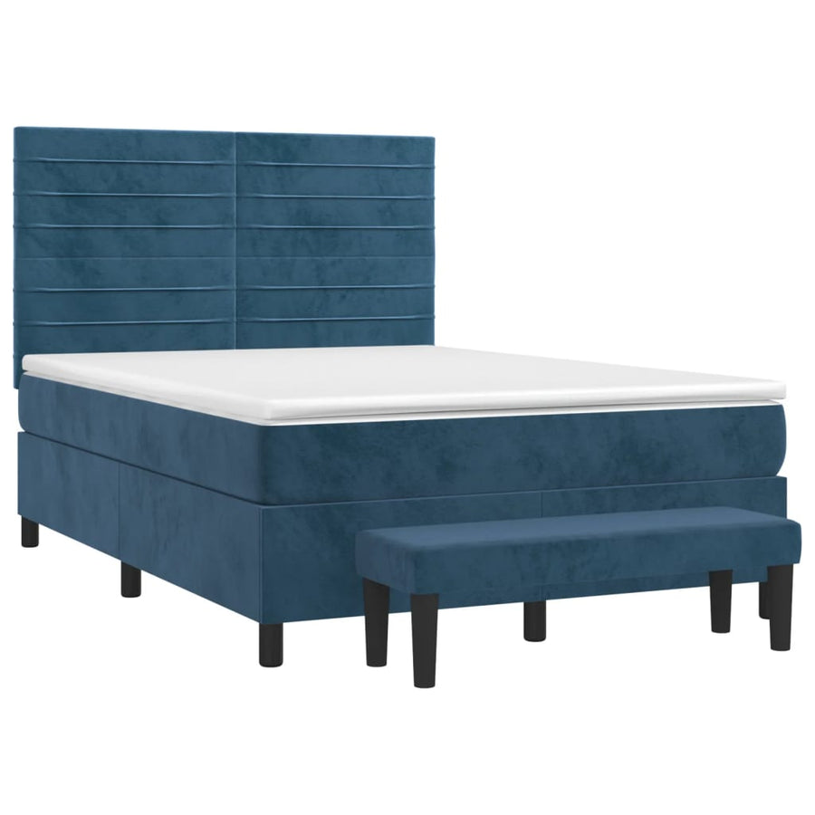 Boxspring Met Matras Fluweel Donkerblauw 140X200 Cm Donkerblauw 140 x 200 cm Horizontale strepen