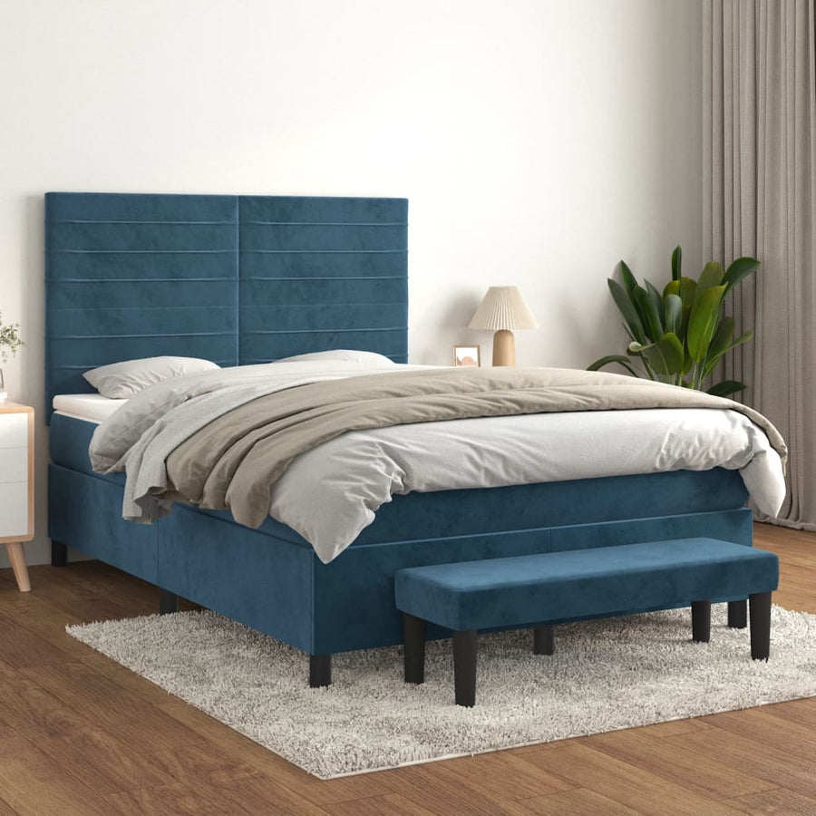 Boxspring Met Matras Fluweel Donkerblauw 140X200 Cm Donkerblauw 140 x 200 cm Horizontale strepen