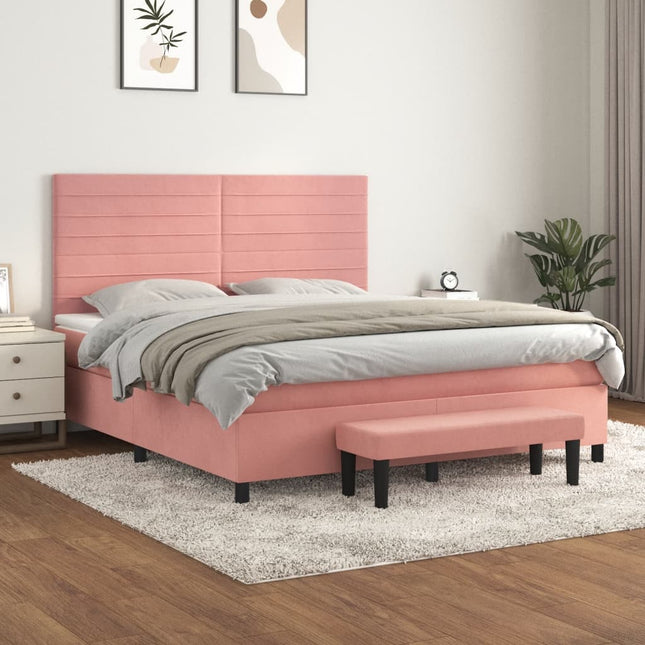 Boxspring Met Matras Fluweel Roze 160 x 200 cm Horizontale strepen