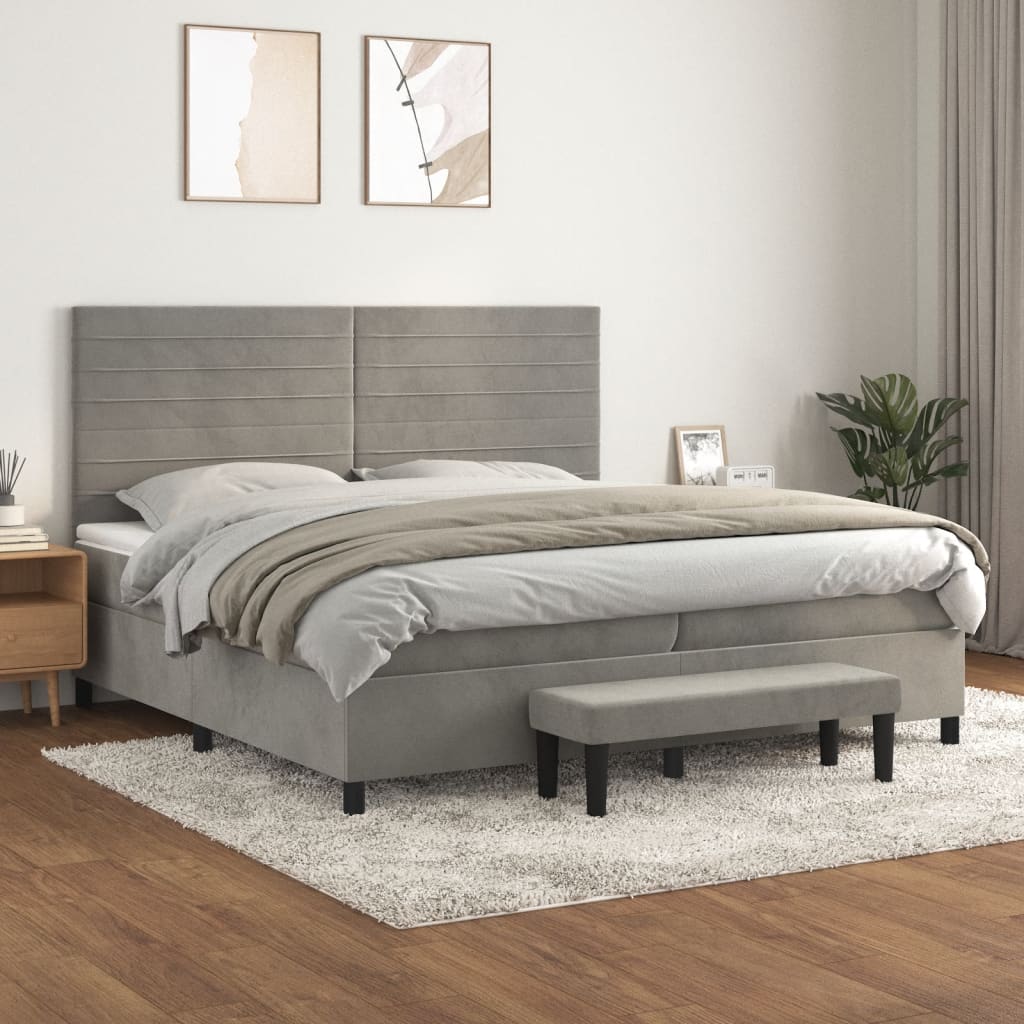 Boxspring Met Matras Fluweel Lichtgrijs 200 x 200 cm Horizontale strepen
