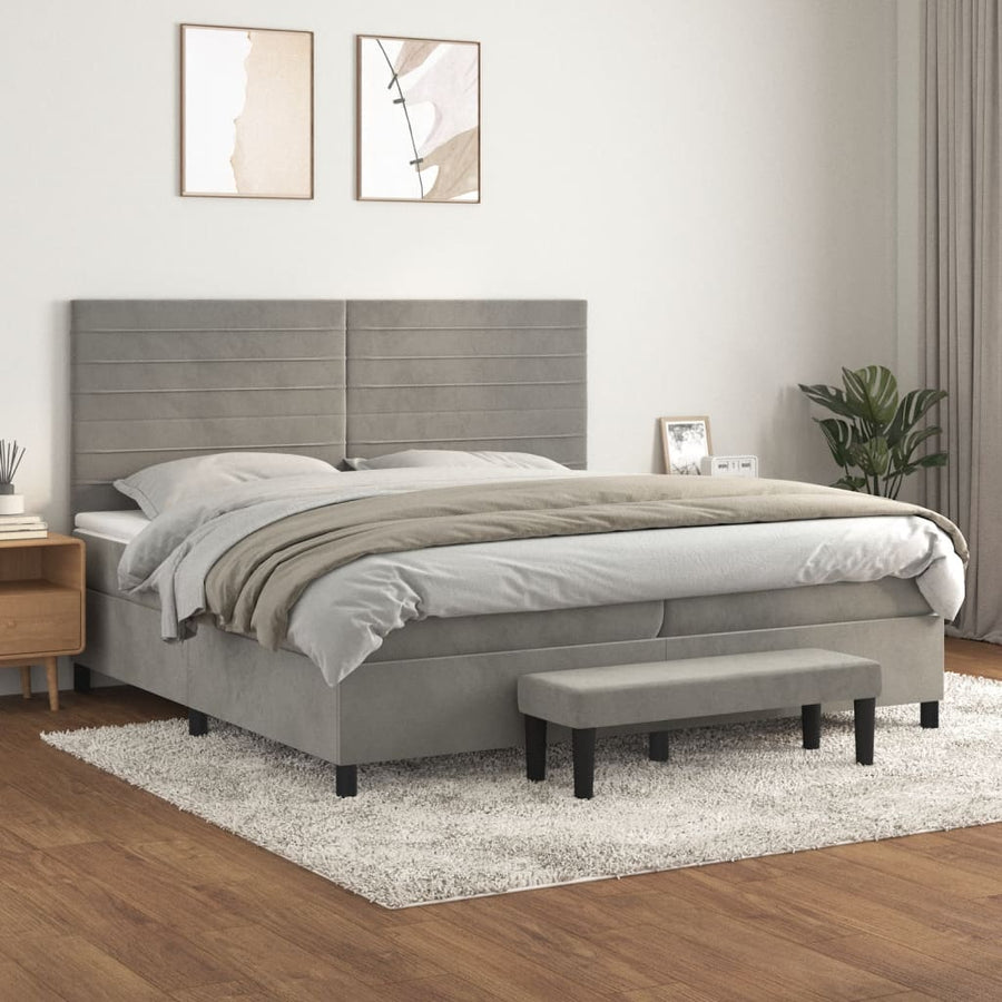 Boxspring Met Matras Fluweel Lichtgrijs 200 x 200 cm Horizontale strepen