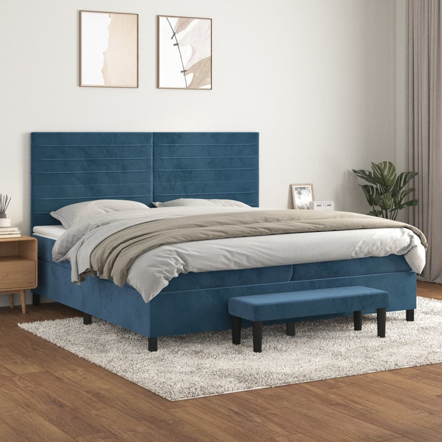 Boxspring Met Matras Fluweel Donkerblauw 200 x 200 cm Horizontale strepen