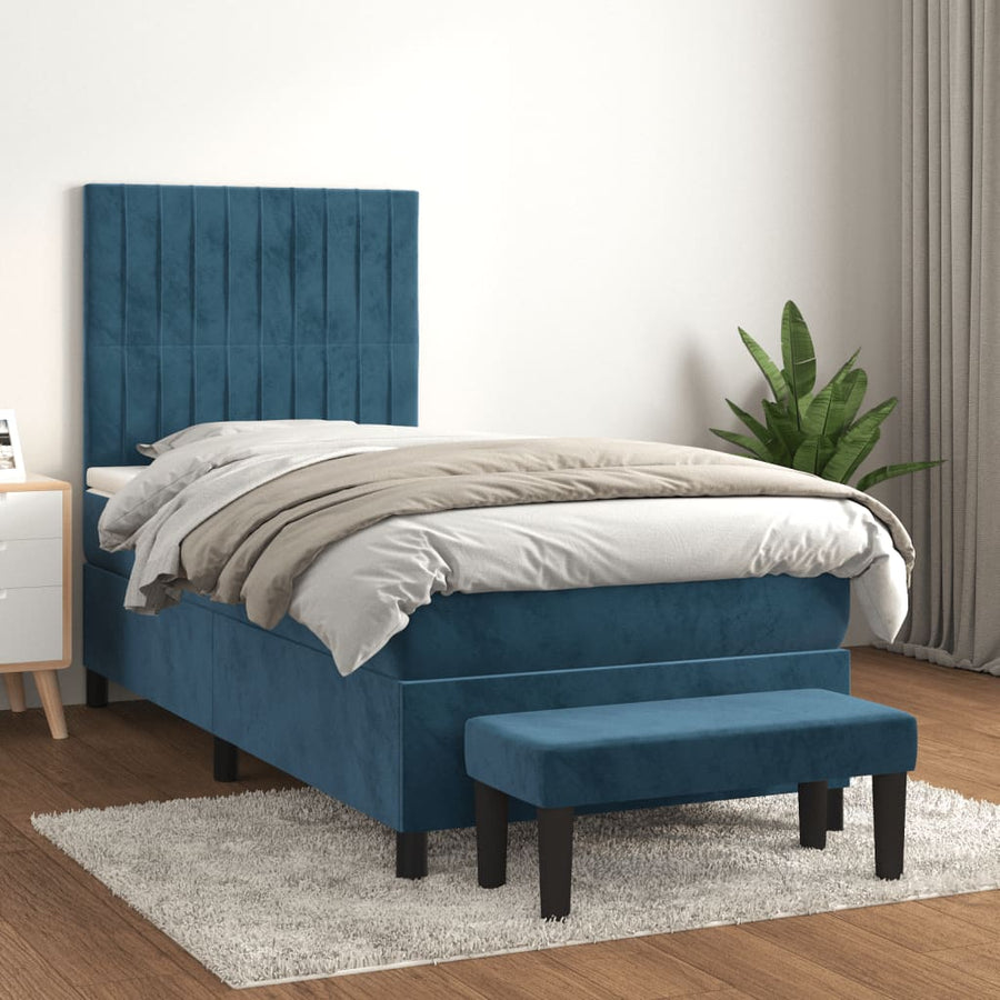 Boxspring Met Matras Fluweel Donkerblauw 90 x 190 cm Verticale strepen